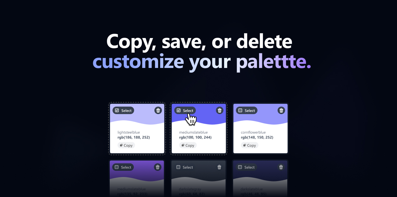 Select, copy, save or delete swatches to customize your extracted color palette